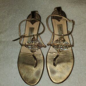 Jimmy Choo Sandals Size 8. Gold, Brown Rhinestones, Pre Owned, Luxury